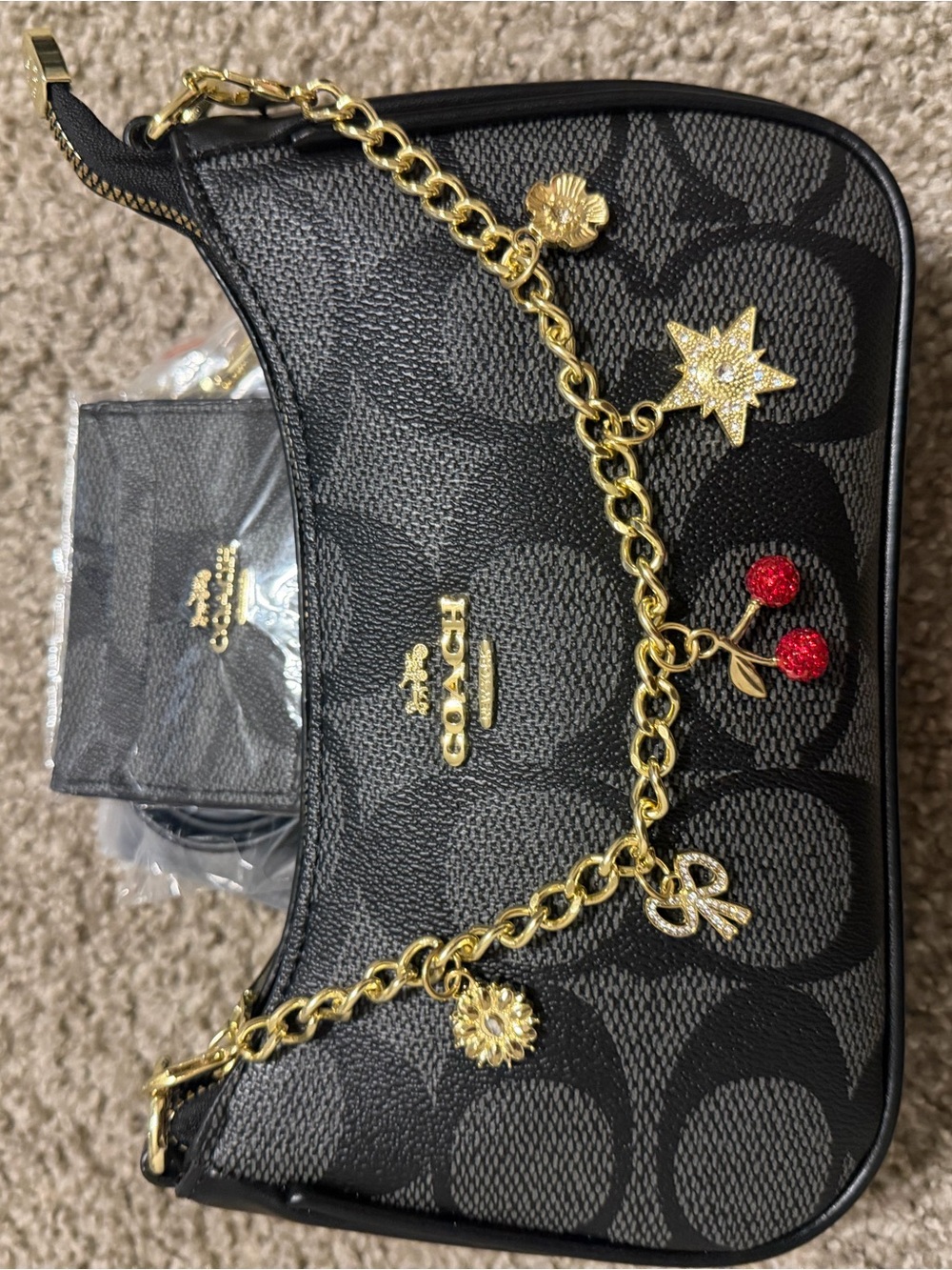 Coach Black Signature Canvas Shoulder Bag with Gold Charm Chain
